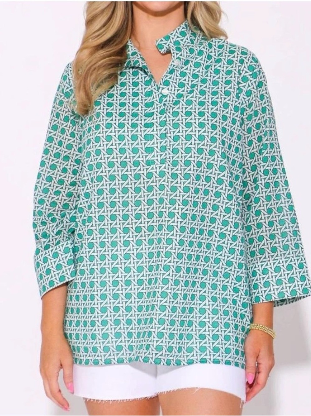 Jude Connally Green & White Cricket Top Patterned Tunic light Weight
